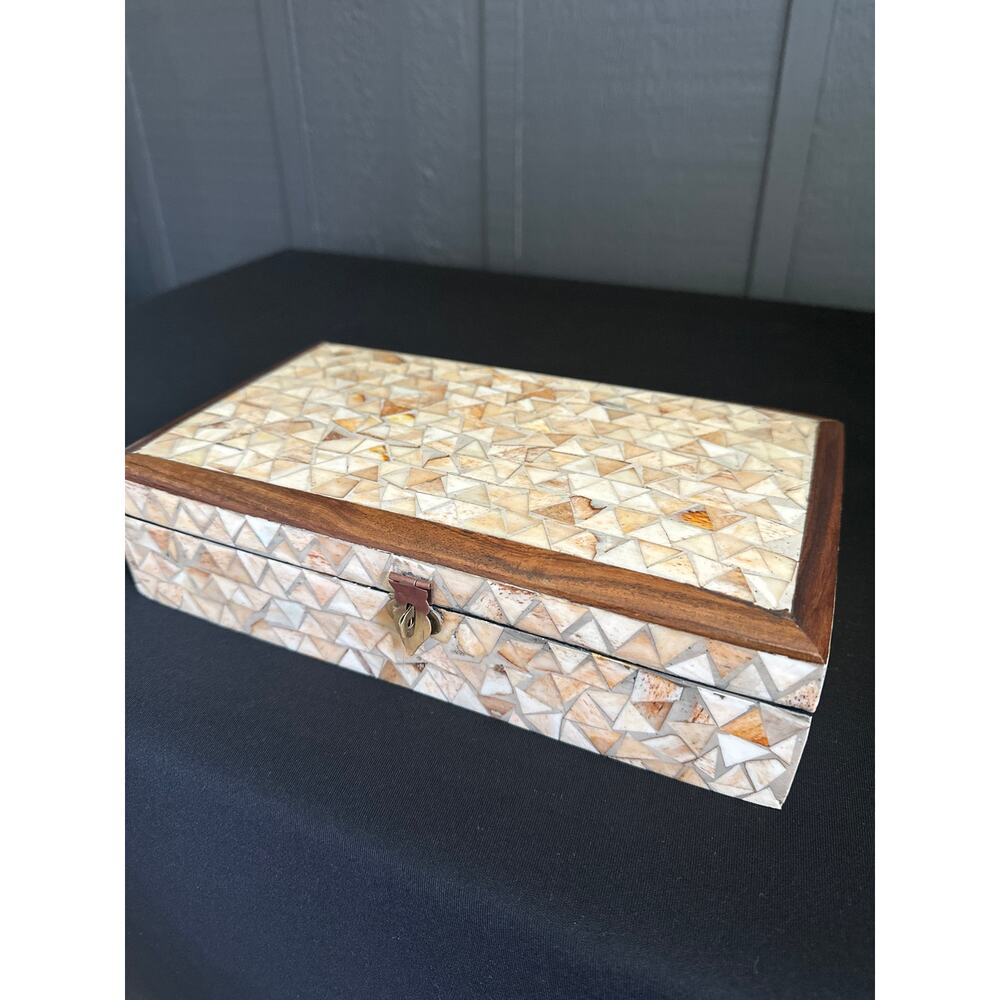 Vintage Wood Mosaic Tiled Keepsake Jewelry Trinket Box Hinged Lockable India